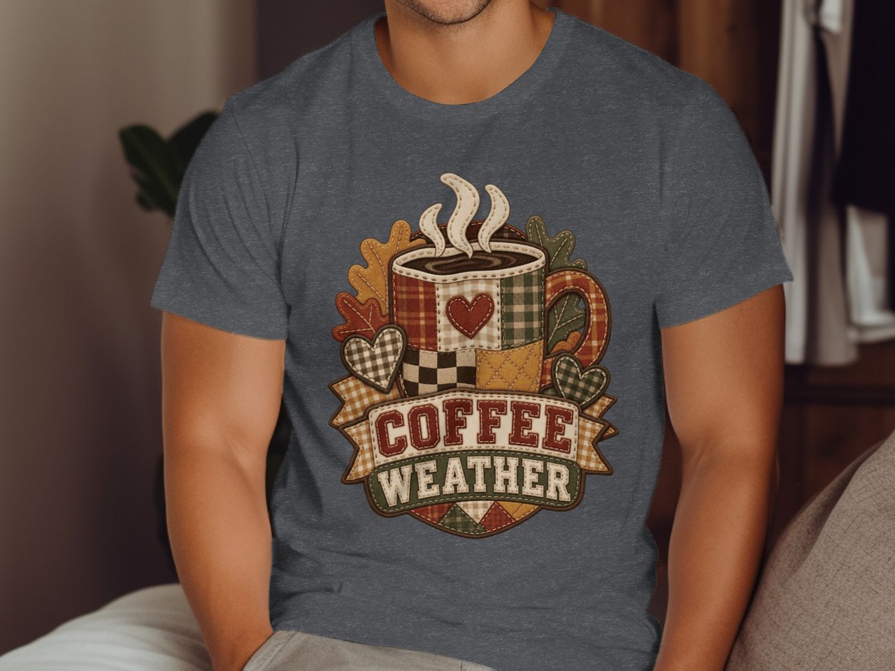 Coffee Weather Tee or Sweatshirt, Faux Patchwork Design