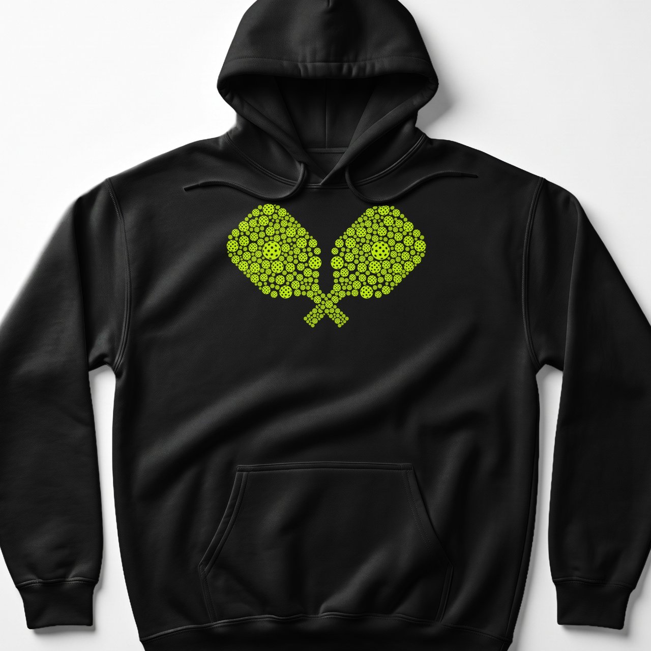 Pickleball Gildan Fleece Hoodie, Crossed Neon Pickleballs Paddle Graphic, Court Pullover