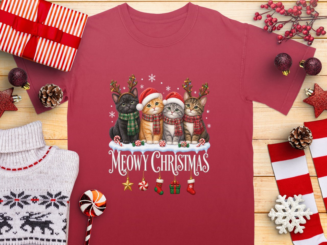 Meowy Christmas Kittens Standard T-Shirts Holiday Cats In Santa Hats Reindeer Antlers Graphic