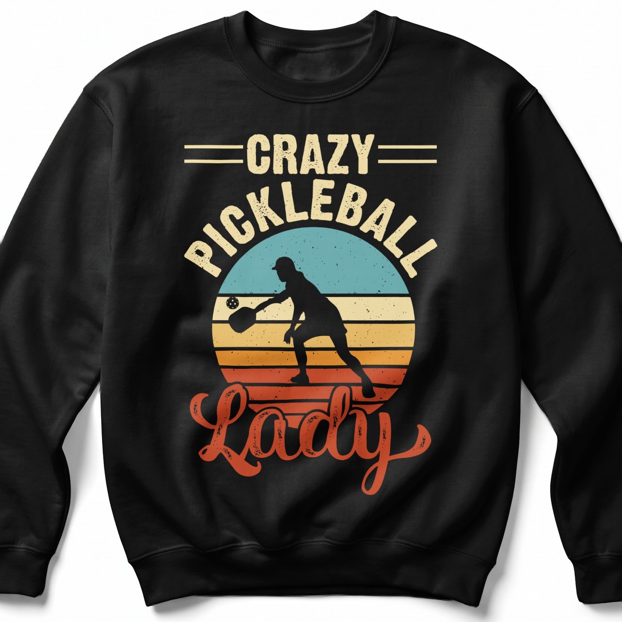 Pickleball Gildan Crewneck Sweatshirt, Crazy Pickleball Lady, Court Warm Up Retro Sunset Pullover Top