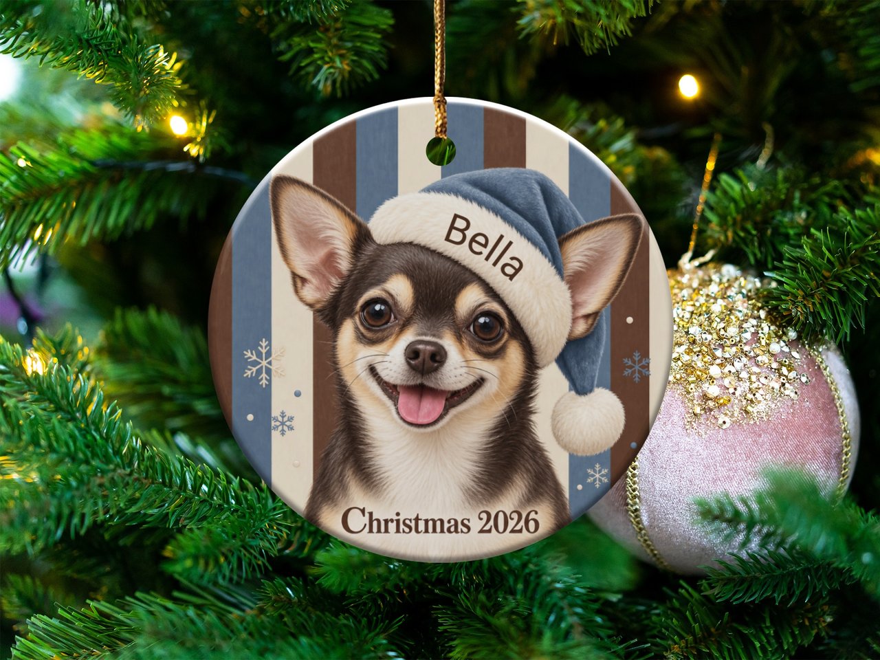 Chihuahua Christmas Ornament 2026, Cute Dog Holiday Tree Decor, Custom Pet Keepsake Bauble, Dog Mom Gift, Festive Santa Hat Puppy Decor