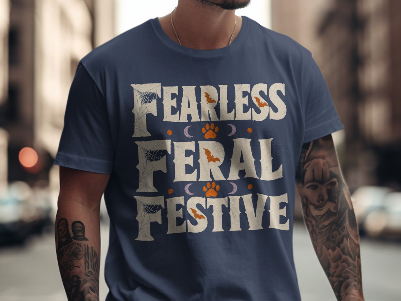 Fearless Feral Festive Halloween T-Shirt | Spooky Season Bat Paw Print Fall Tee | Grunge Vintage Autumn Graphic Shirt Gift for Her