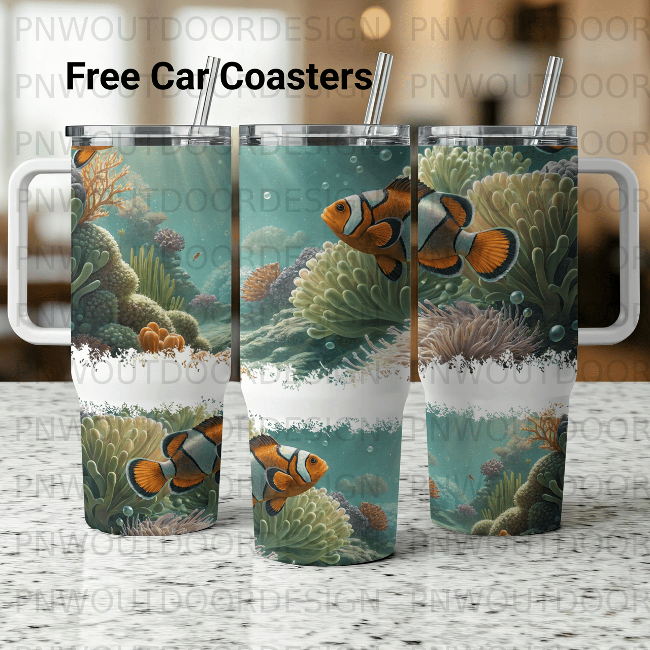Clownfish 40oz Tumbler Sublimation Wrap Digital, Coral Reef Ocean Sea Life Seamless PNG Design