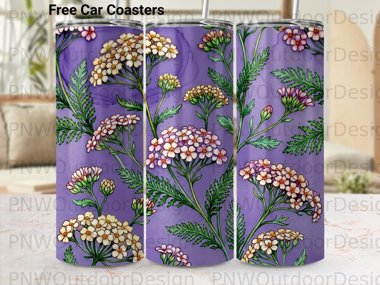 20oz Tumbler Sublimation PNG Purple Floral Seamless Wrap Design | Wildflower Digital File Tapered + Car Coaster | Botanical Cottagecore
