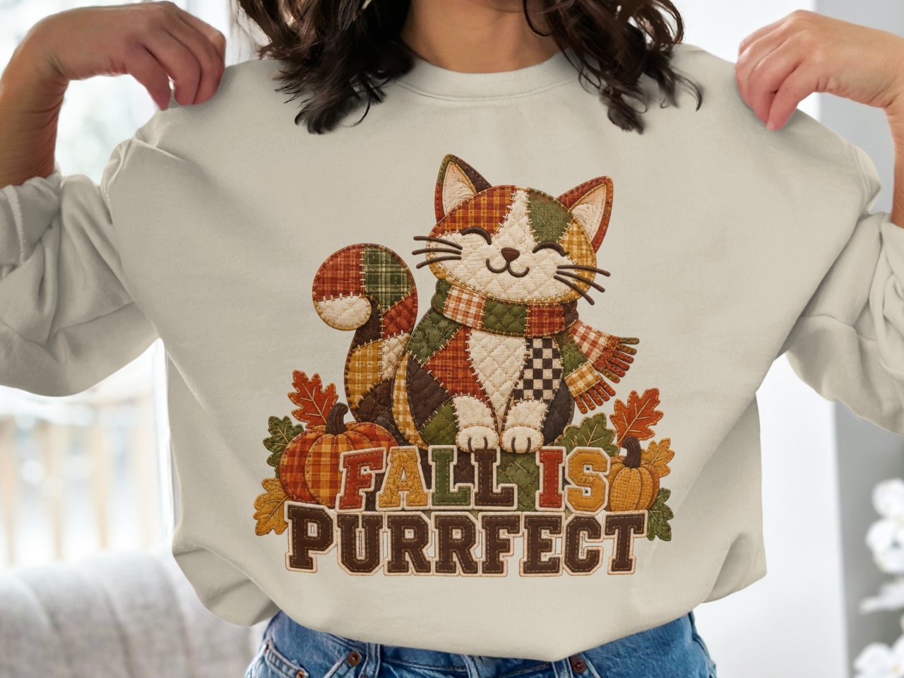 Fall Is Purrfect Sweatshirt, Quilted Cat Hoodie, Cute Autumn Cat Tote Bag, Cozy Fall Season Crewneck, Thanksgiving Cat Mom Gift