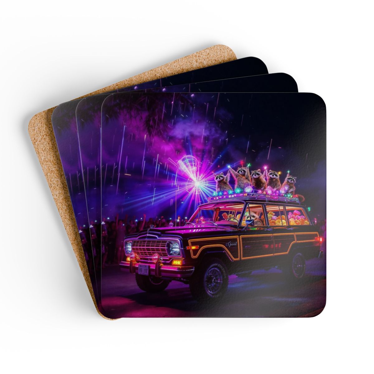Grand Wagoneer Corkwood Coaster Set, Raccoon Road Trip, Classic Car Art, Car Lover Gift, Fun Coasters, Housewarming Present