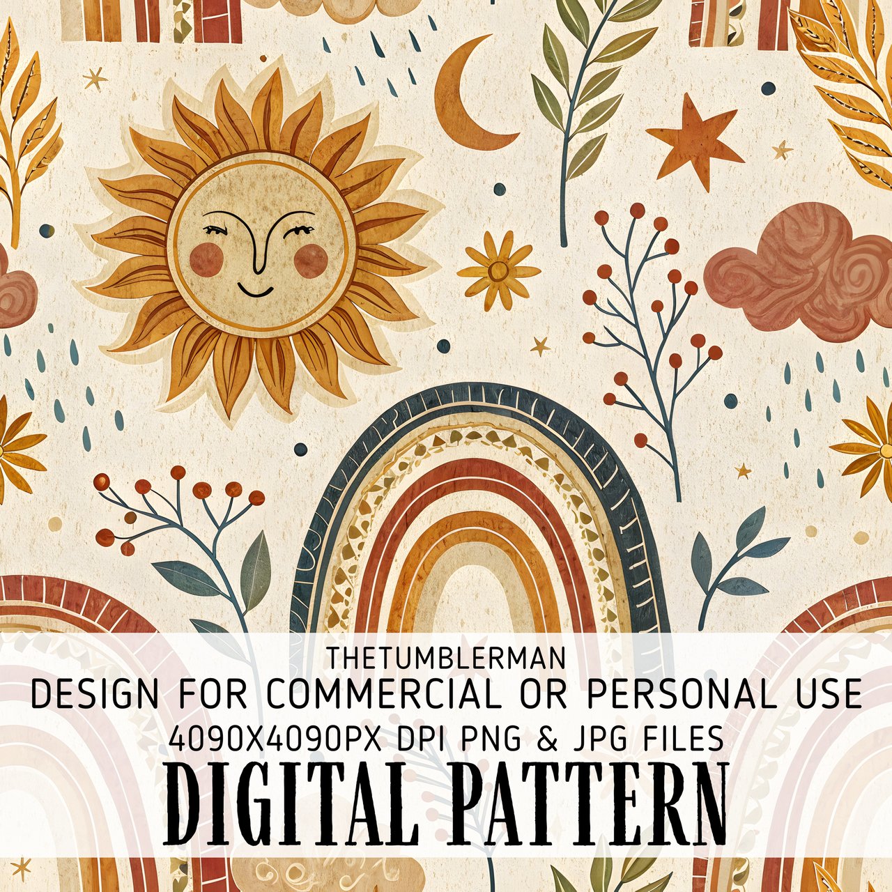 Boho Digital Pattern, Sun Moon Star Pattern, Rainbow Digital Bundle, Celestial Pattern, Boho Nursery Art Print, JPEG PNG Digital Products