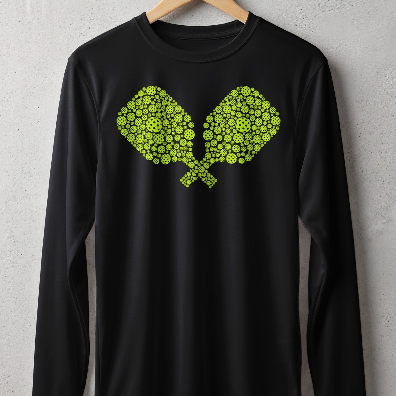 Pickleball Sport-Tek Long Sleeve Tee, Neon Yellow Crossed Pickleball Paddles Graphic, Sun Shield Shirt