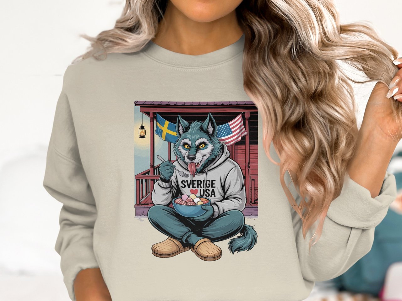 Swedish American Halloween Sweatshirt and T-shirts, Wolf Eating Sweets, Sverige USA Pride, Funny Wolf Sweatshirt, Cute Wolf Shirt, Halloween