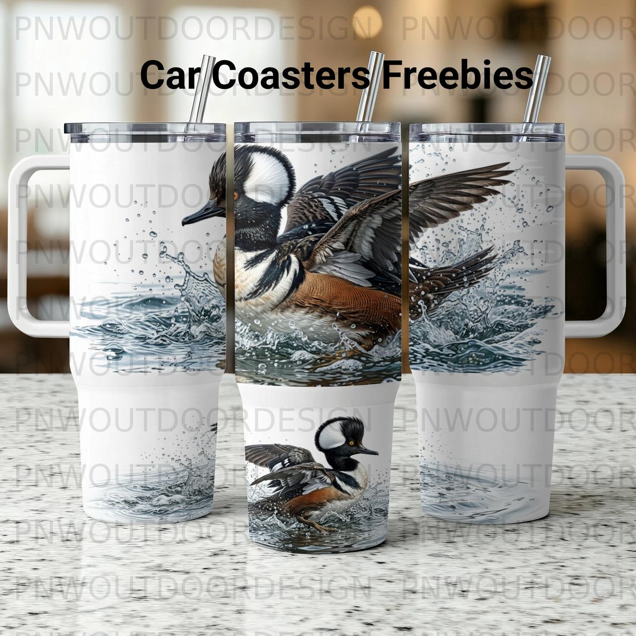 Hooded Merganser 40oz Tumbler Wrap PNG, Waterfowl Duck Sublimation Design Digital Download, Outdoor Bird Hunter Gifts with Free Car Coaster