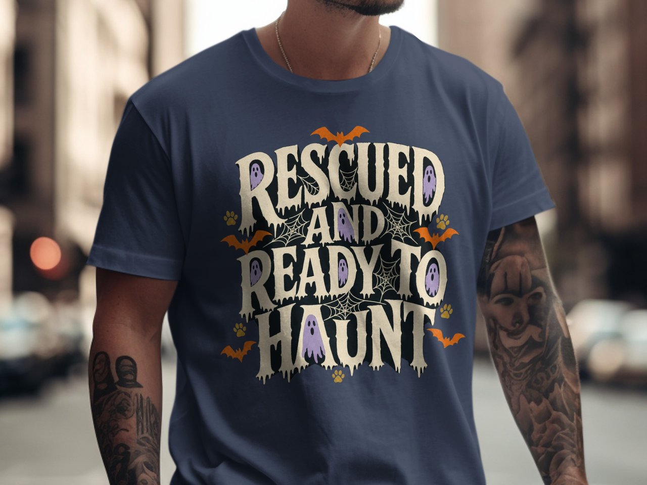 Rescued And Ready To Haunt Halloween T-Shirt | Spooky Cute Dog Mom Gift | Retro Pet Rescue Tee | Vintage Ghost Bat Apparel