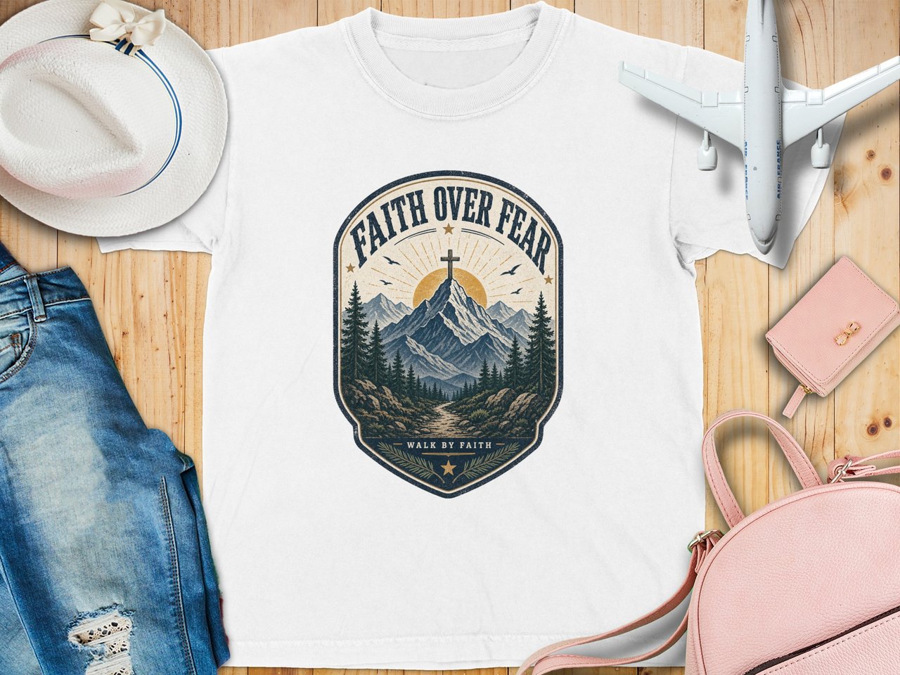 Faith Over Fear Christian Youth T-Shirt | Rustic Mountain Cross Graphic Tee | Inspirational Walk By Faith Religious Top | Spiritual Nature Gift