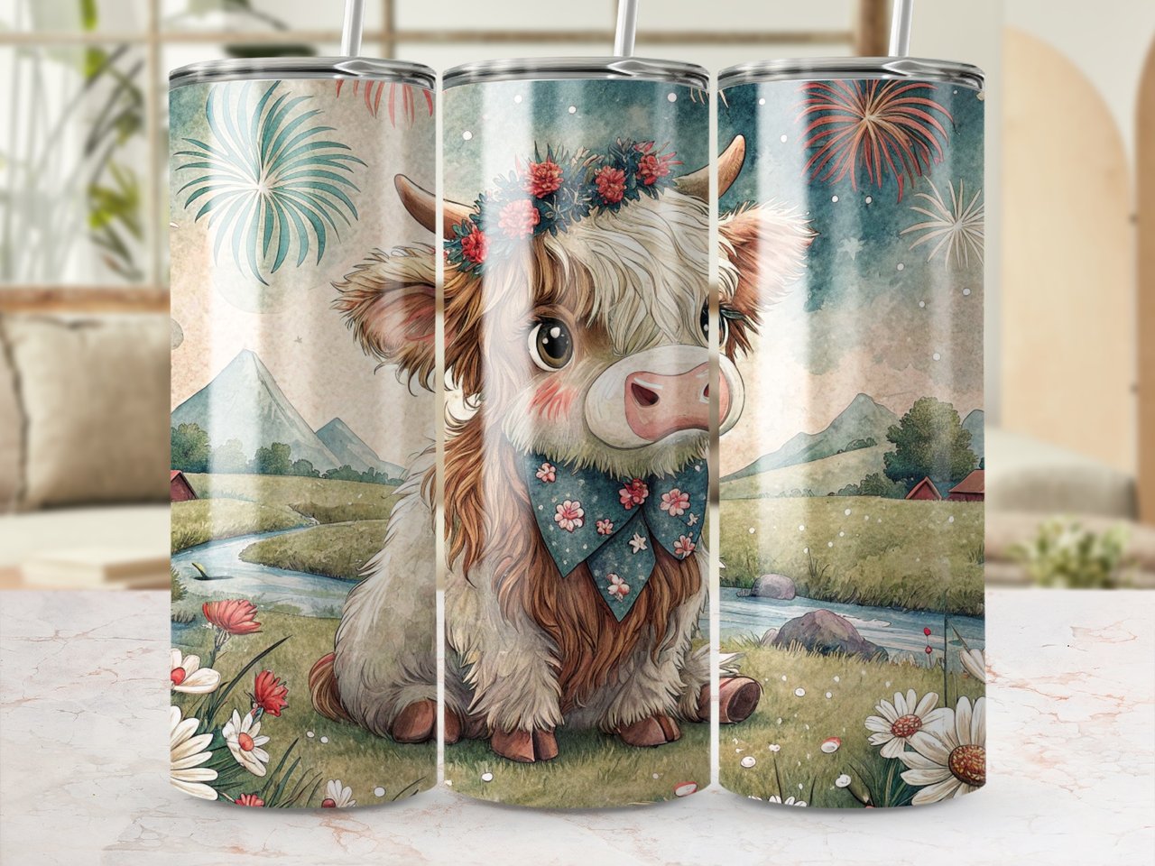 Cute Highland Cow 20oz Tumbler Wrap, Seamless Tumbler Design, Baby Cow Tumbler, Floral Tumbler Wrap, Cow Sublimation Design