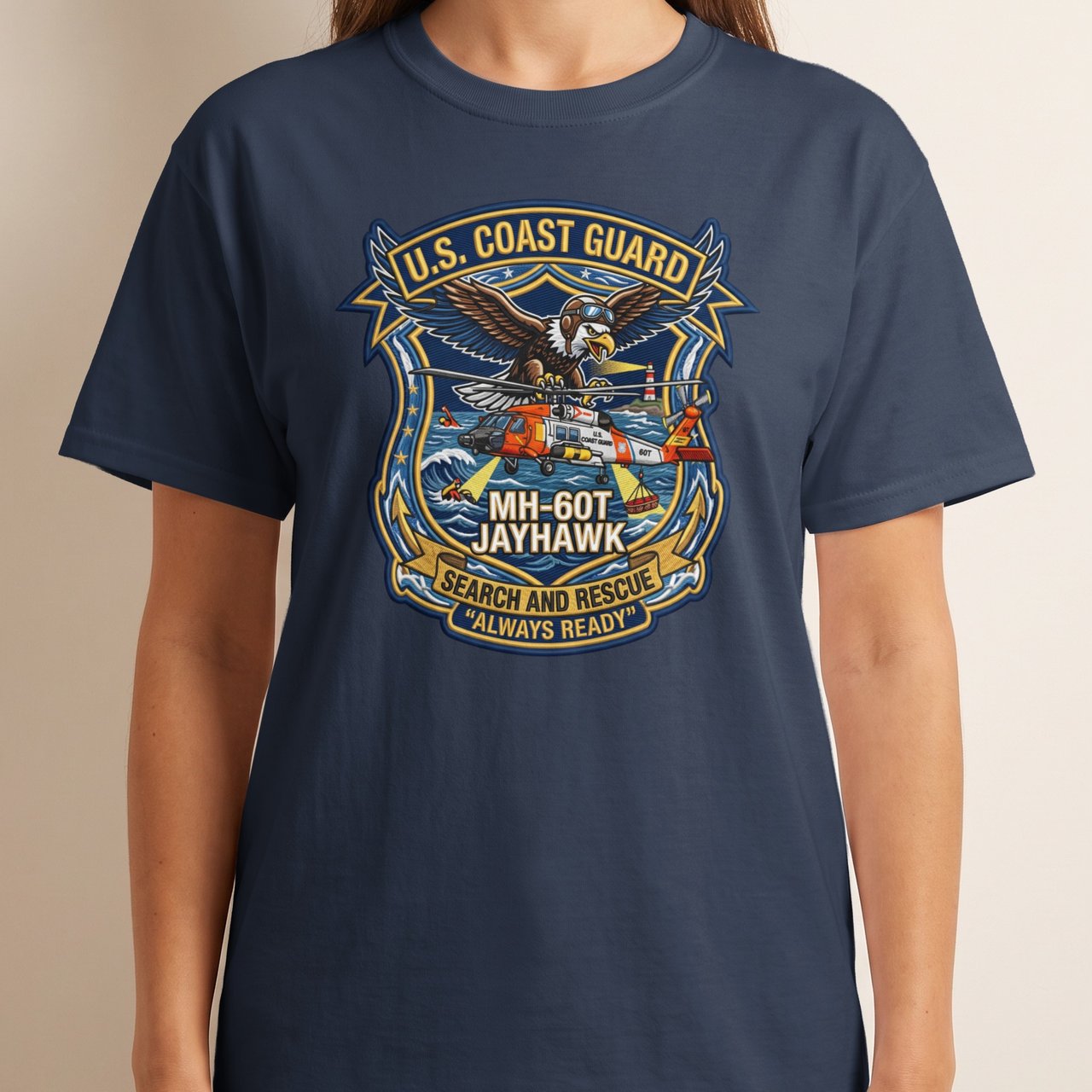 US Coast Guard MH-60T Jayhawk T-Shirt, Military Aviation Search and Rescue Graphic Tee, Veteran Helicopter Pilot Gift, Patriotic Mens Shirt