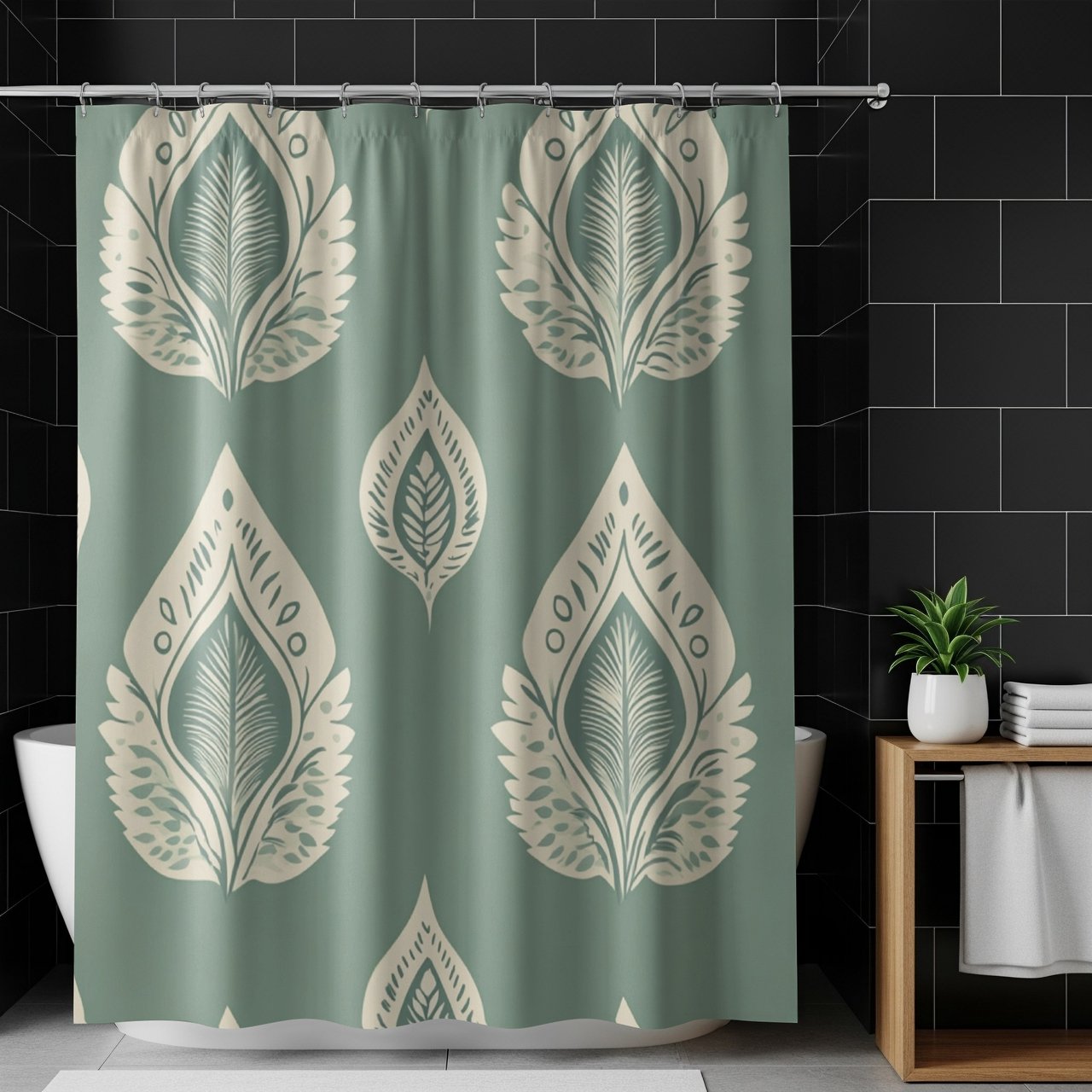 Sage Green Shower Curtain and Bath Mat, Boho Ikat Botanical Leaves Bathroom Decor, Neutral Spa Bath Set, Aesthetic Housewarming Gift
