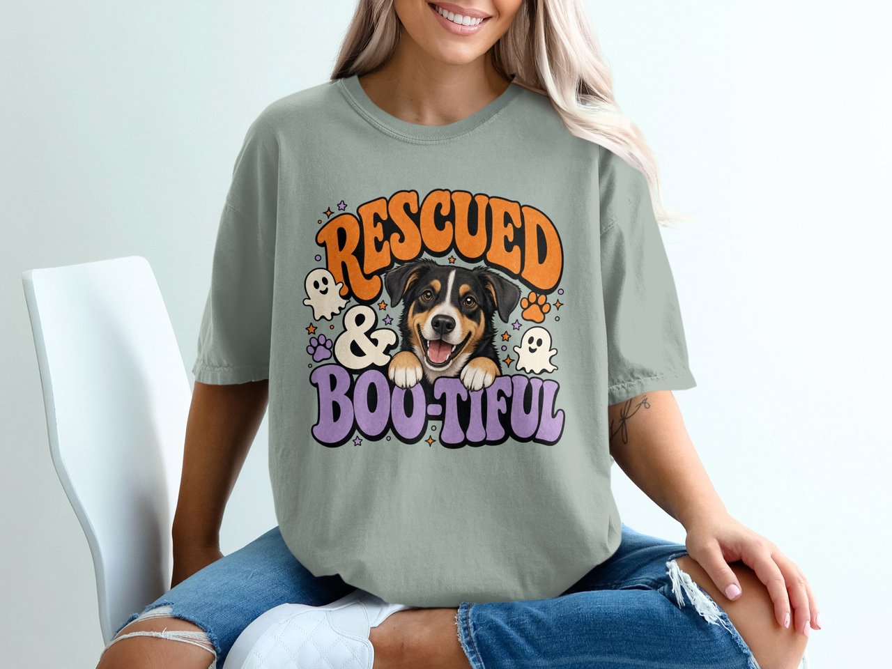Rescued Boo Tiful T-Shirt, Halloween Dog Lover Tee, Adopted Pet Parent Gift, Spooky Cute Puppy Ghost Shirt, Retro Dog Mom Outfit