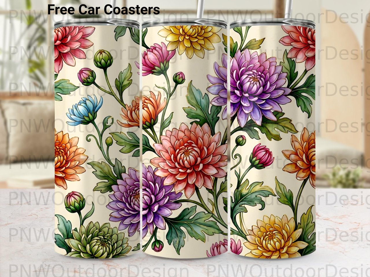 Faux Gold Chrysanthemum Tumbler Wrap PNG | Watercolor Floral Sublimation Design for 20oz Skinny Tumbler Seamless Digital File