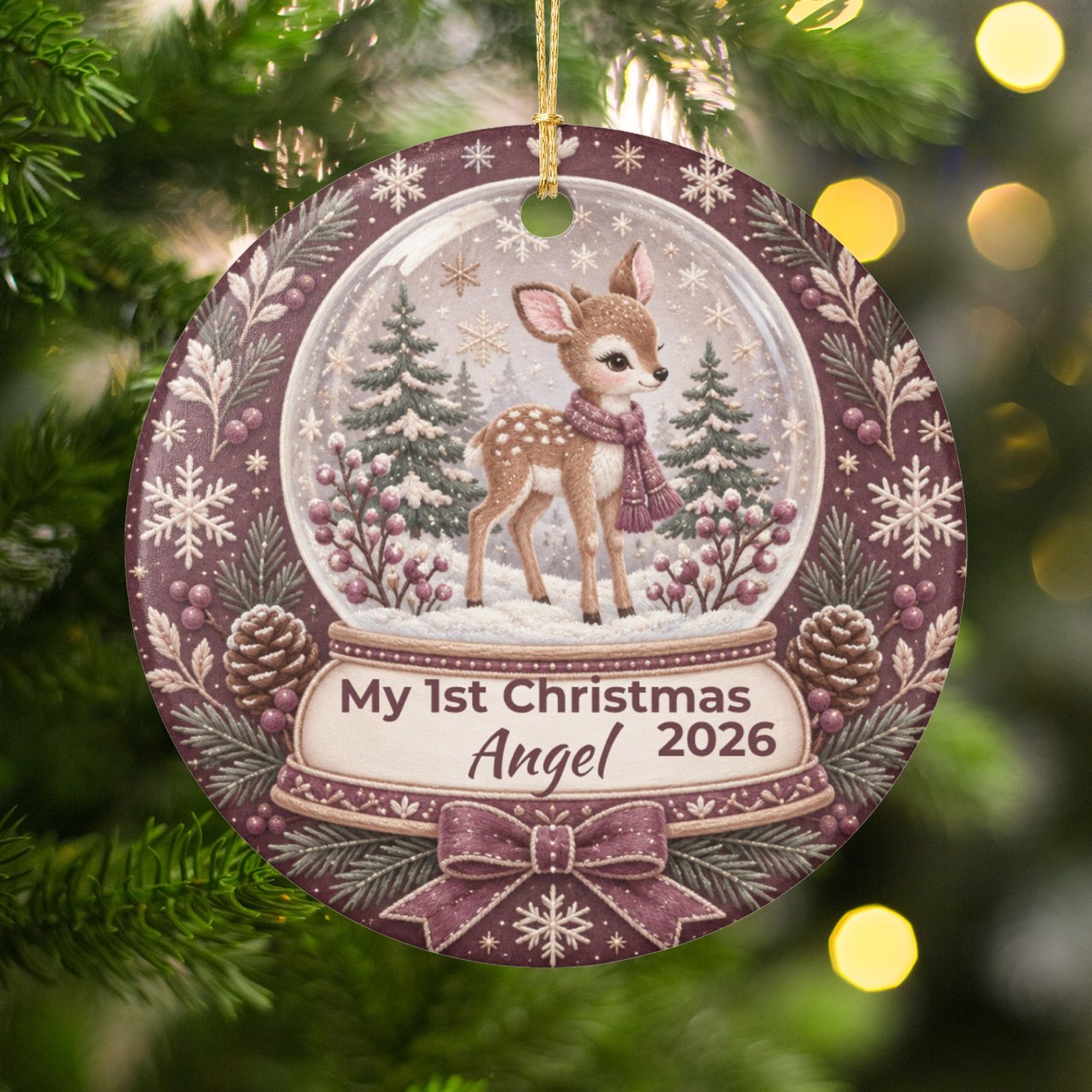 Baby First Christmas Ornament, Custom Woodland Deer Snow Globe Keepsake, Personalized Fawn Ornaments, Rustic Winter Holiday Tree Decor