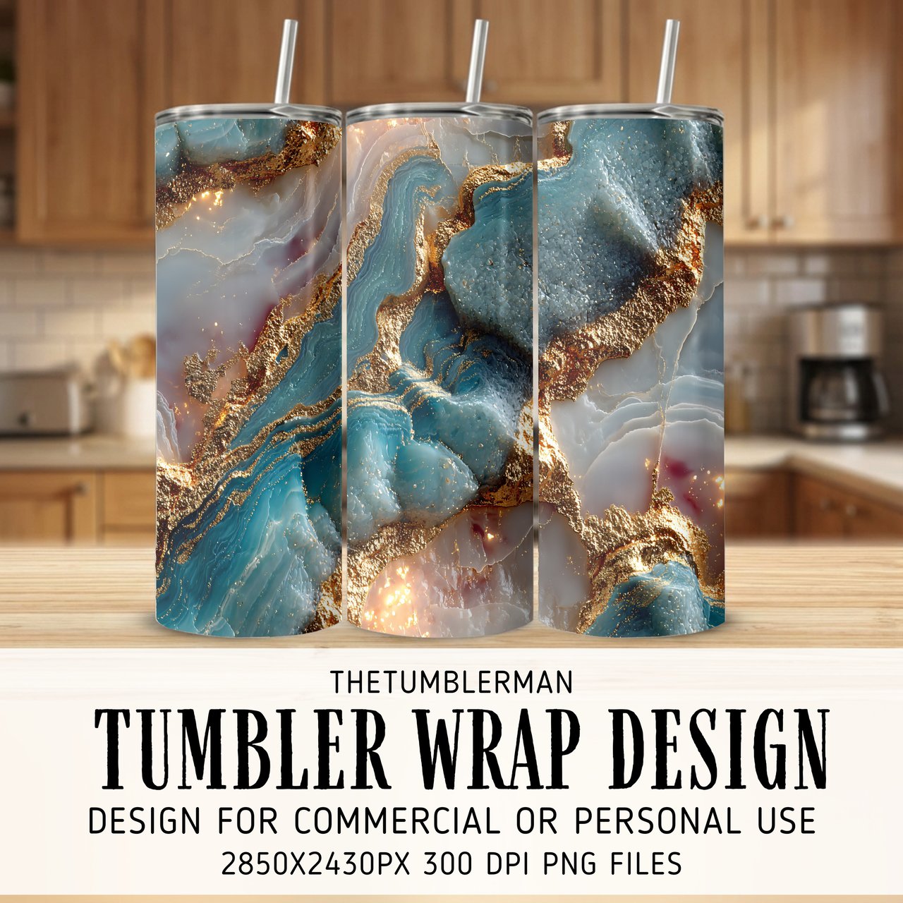 20 oz Skinny Tumbler Wrap Sublimation Design, Blue Gold Agate Straight and Tapered Wrap png, Digital Tumbler, Instant Download