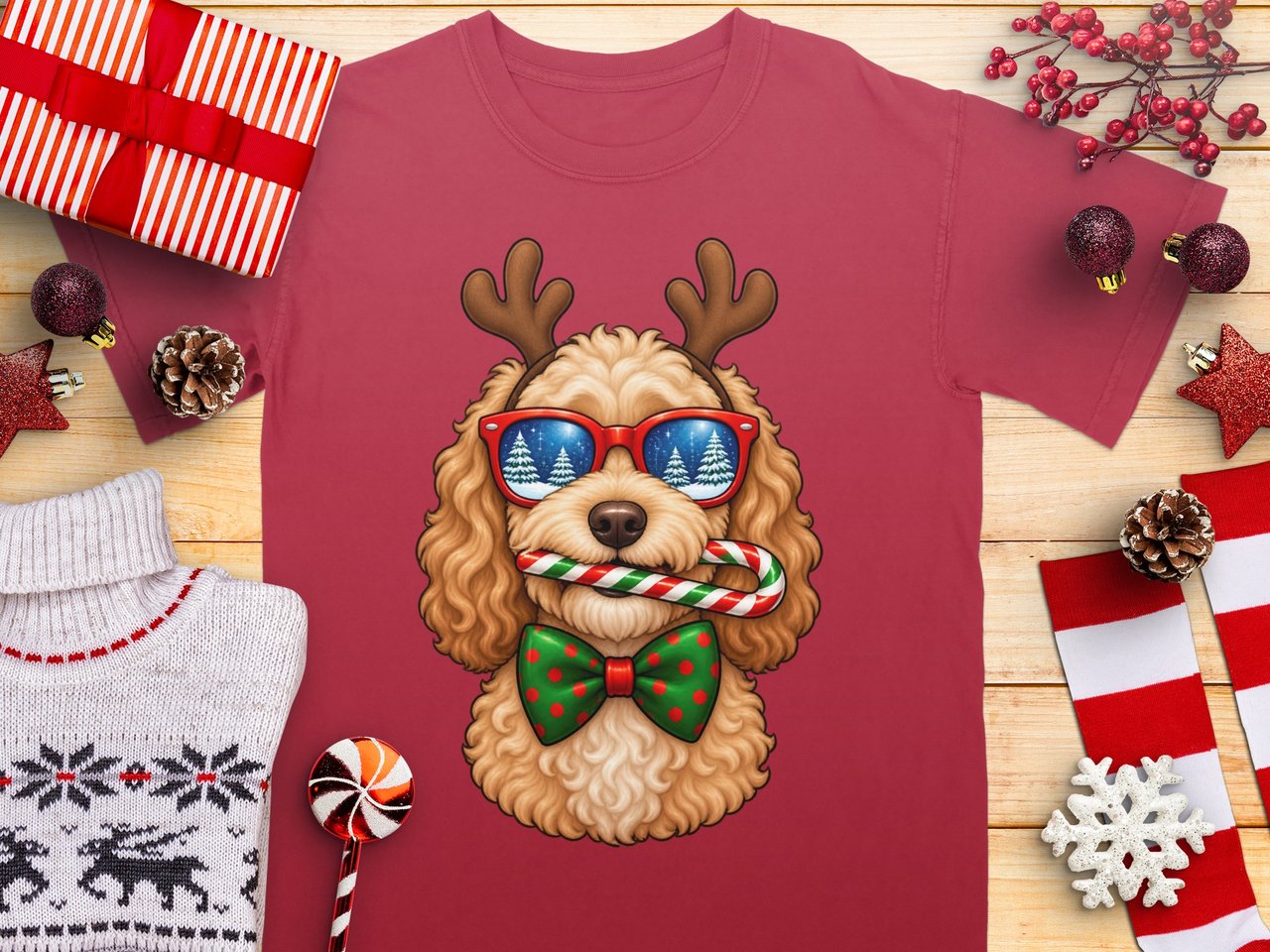 Goldendoodle Christmas Reindeer Antlers Sunglasses Candy Cane Bow Tie Holiday Dog Graphic Standard T-Shirts