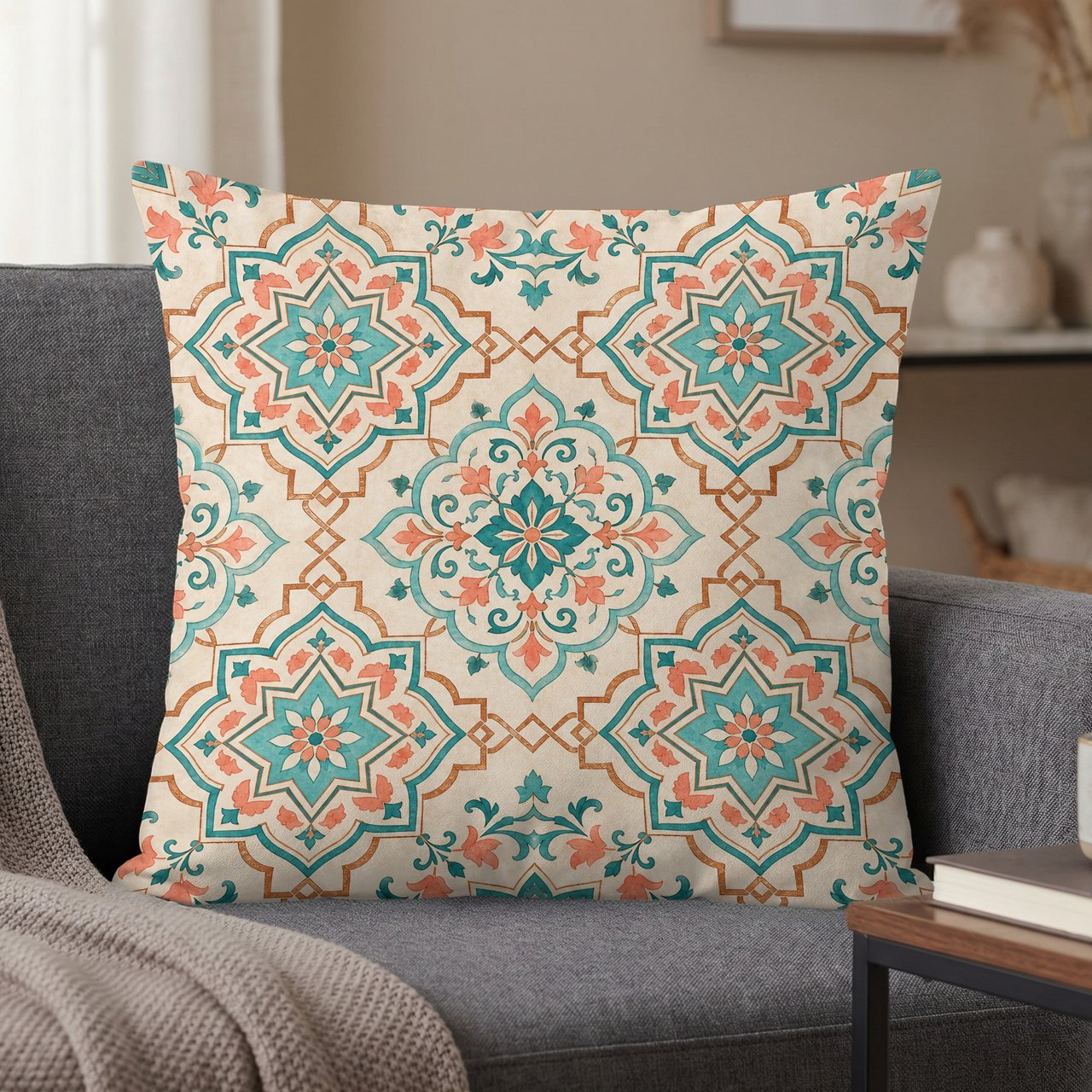 Boho Moroccan Tile Pillow Cover | Teal Coral Geometric Throw Pillow Case | Mediterranean Global Chic Accent Cushion