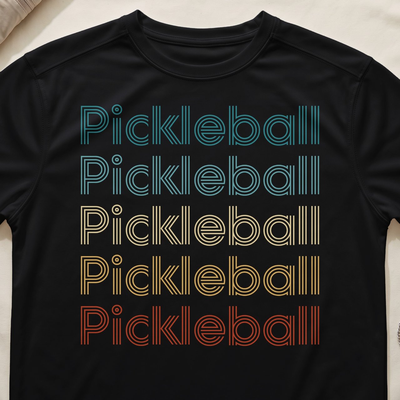 Pickleball Sport-Tek Performance Tee, Pickleball Multi-Color Retro Stripe Text Graphic, Court Apparel