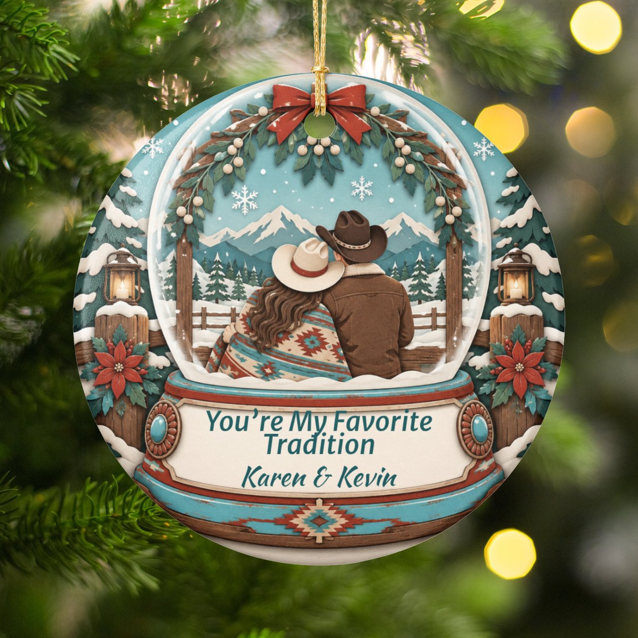 Western Couple Christmas Ornament, Personalized Country Snow Globe Keepsake, Rustic Holiday Tree Decor, Romantic Cowboy Gift for Her or Him