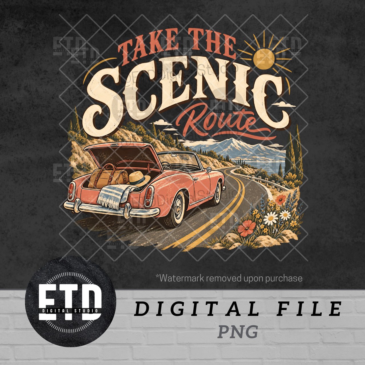 Take The Scenic Route PNG Vintage Road Trip Sublimation, Retro Car Coastal Vacation Travel Graphic, Summer Mountain Adventure Clipart
