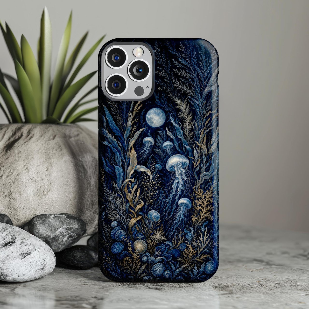 Jellyfish Tough Phone Case, Dark Ocean Moody Botanical Phone Cover, Vintage Celestial Moon Sea Life Aesthetic Gift for Nature Lover