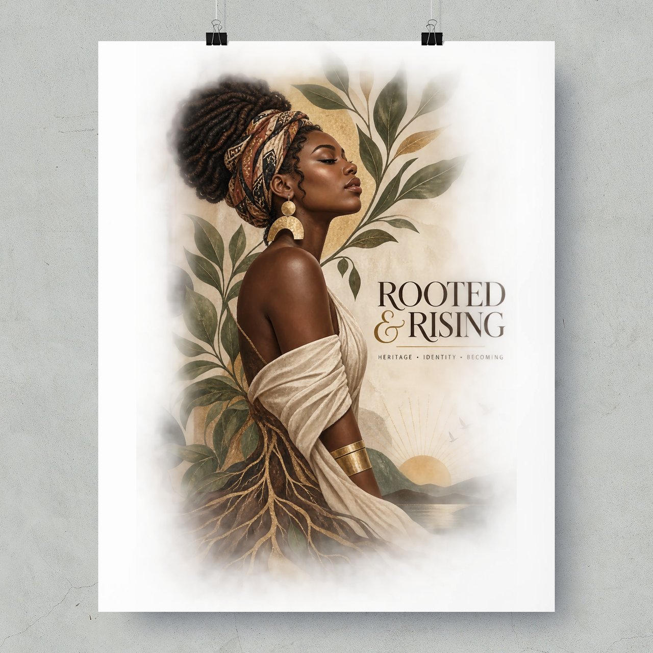 Black Woman Art Poster Rooted and Rising Print, Afrocentric Wall Decor, Melanin Botanical Framed Poster, Empowering African American Gift