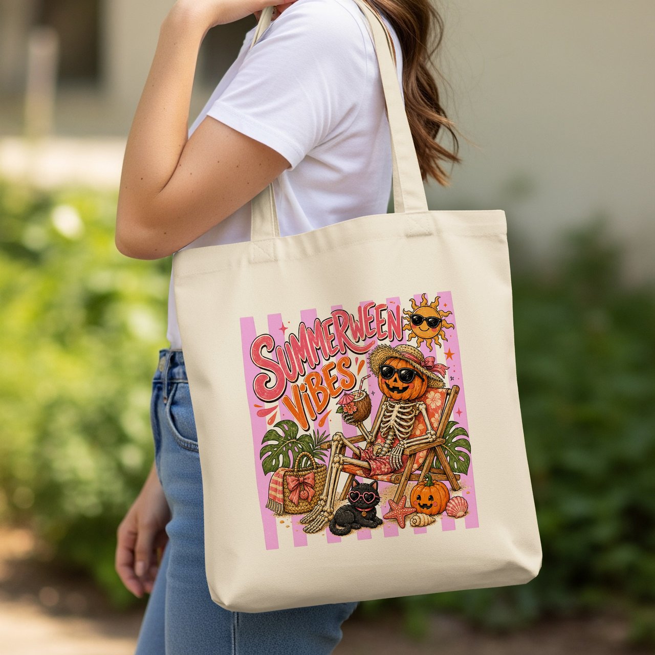 Summerween Vibes Tote Bag | Spooky Cute Halloween Pumpkin Skeleton Beach Lover Gift | Fall Goth Summer Aesthetic Reusable Bag