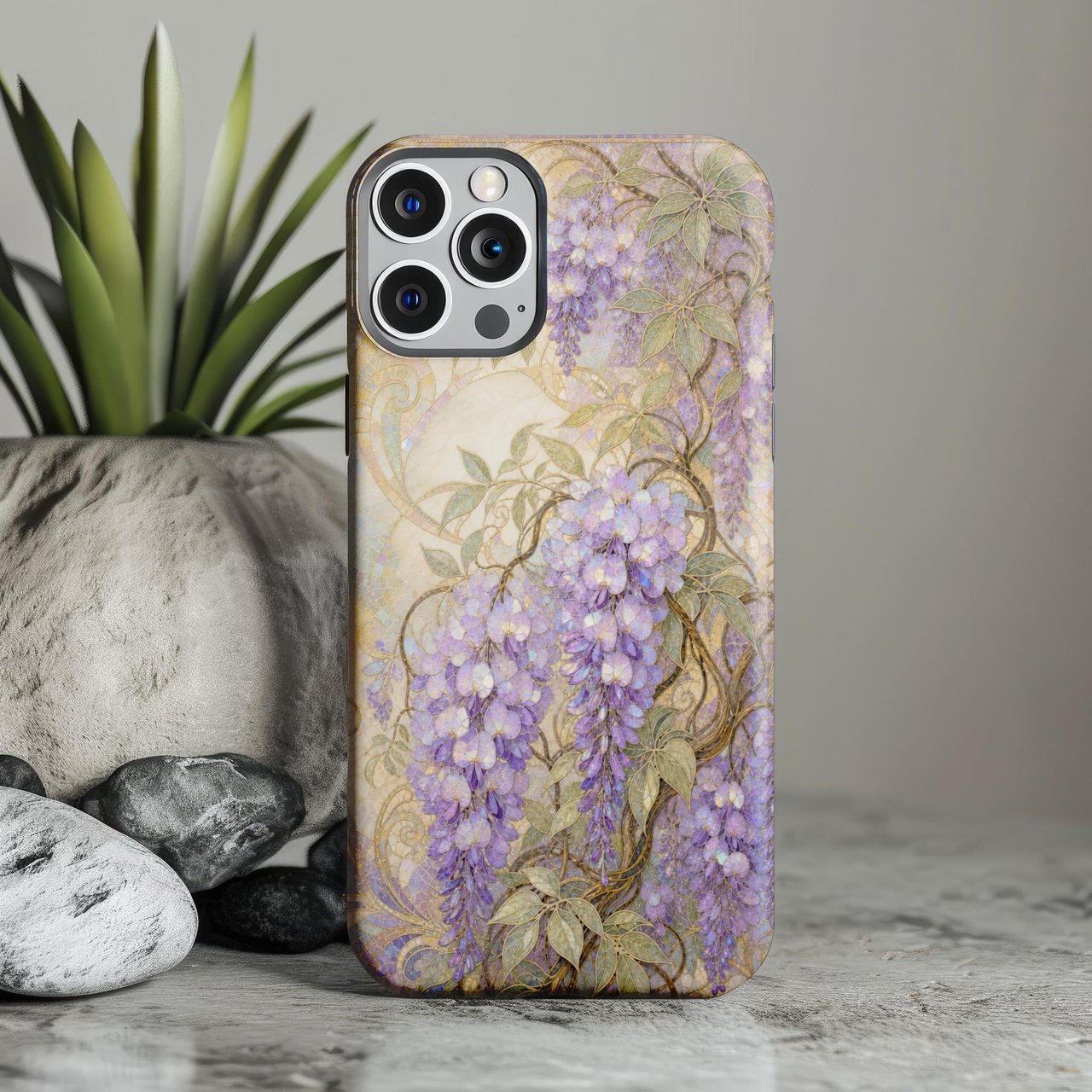 Wisteria Tough Phone Case Stained Glass Floral Art Nouveau Botanical Mosaic Flower Cover Aesthetic Cottagecore Gift for Her Nature Lover