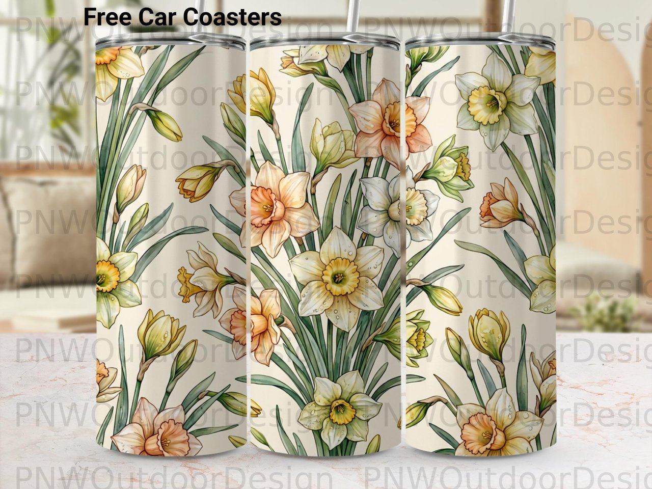 Daffodil Tumbler Sublimation Design, Watercolor Floral Seamless Wrap PNG, Spring Narcissus Flower 20oz Skinny Tumbler Digital