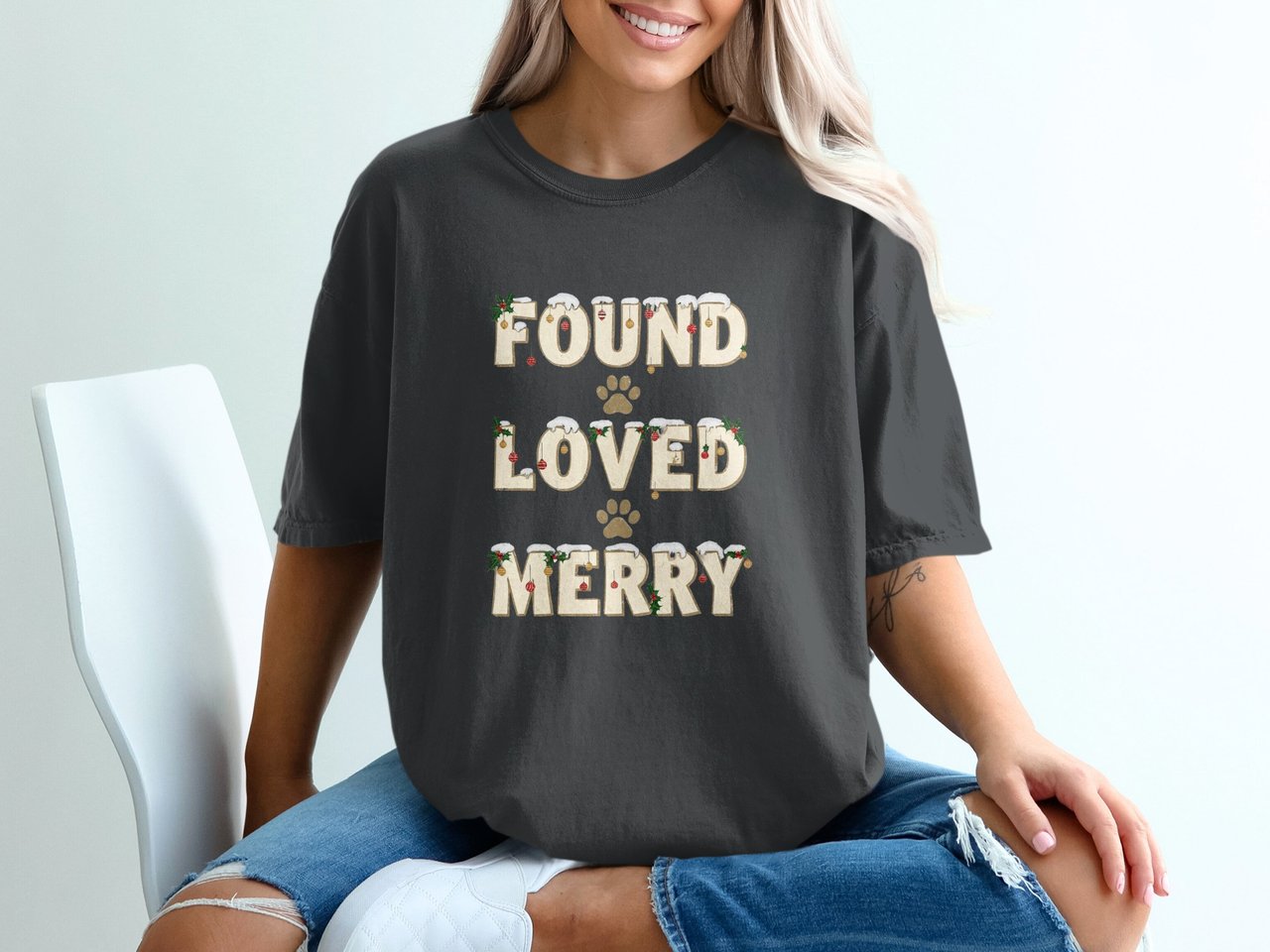 Found Loved Merry Christmas T-Shirt, Dog Paw Print Holiday Tee, Festive Pet Lover Gift, Rescue Dog Parent Shirt