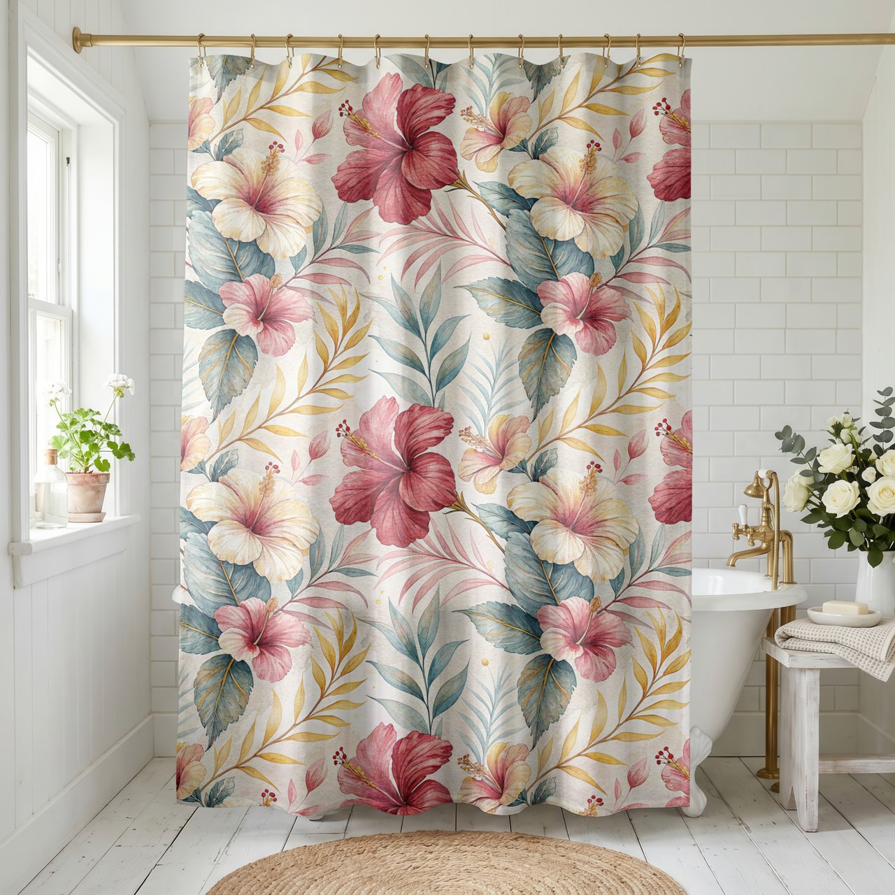 Lush Hibiscus Watercolor Shower Curtain