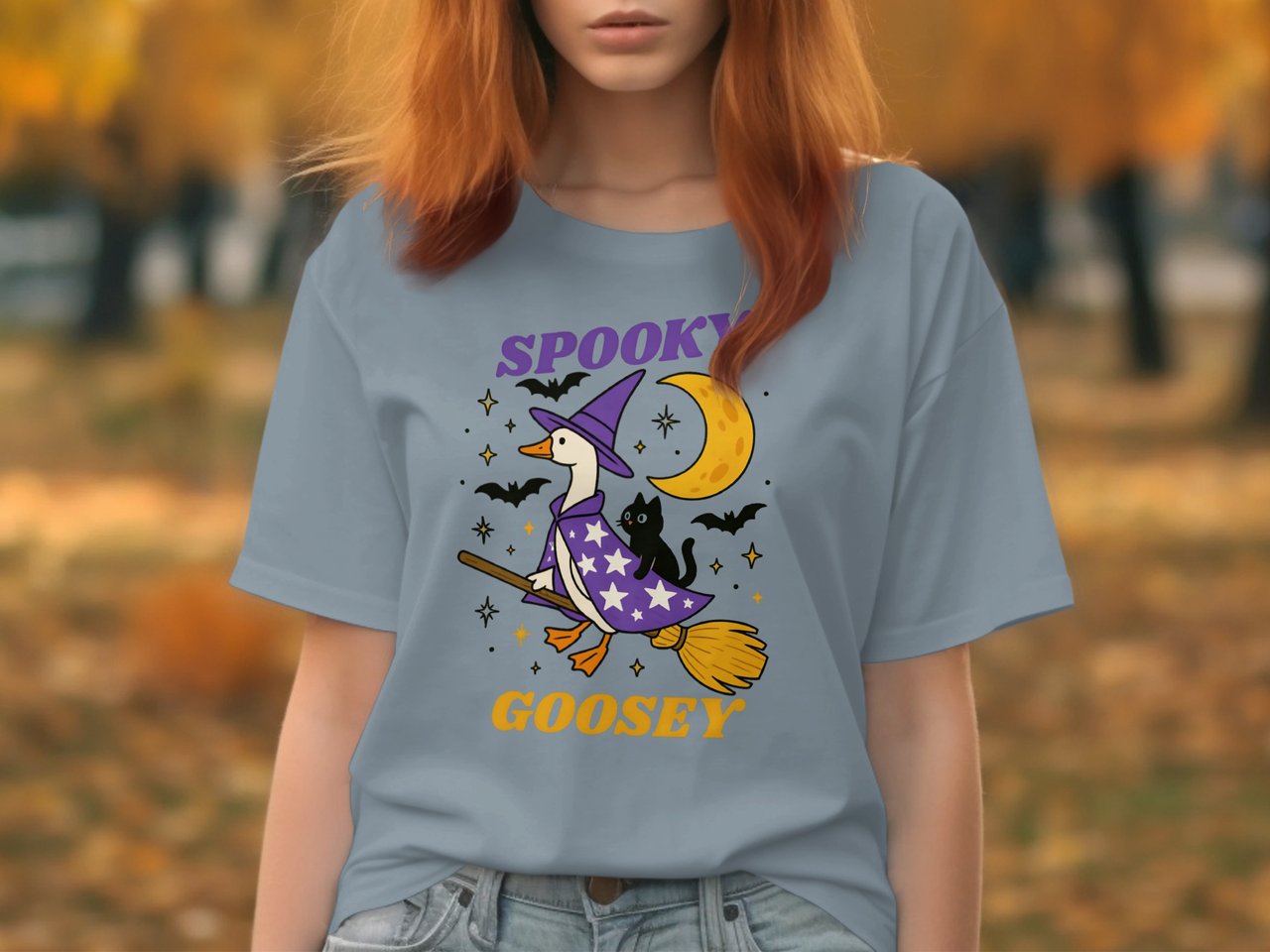 Spooky Goosey T-Shirt, Halloween Goose, Witchy Goose Tee, Black Cat Shirt, Flying Goose Shirt, Fall Shirt, Funny Halloween Shirt, Cute Ghost