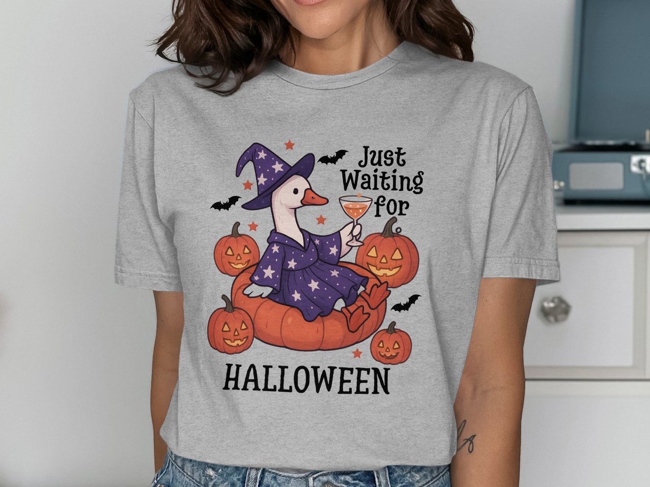 Goose Witch T-Shirt, Halloween Tee, Waiting For Halloween, Spooky Season Shirt, Goose Lover Gift, Cute Pumpkins T-Shirt, Bats and Stars