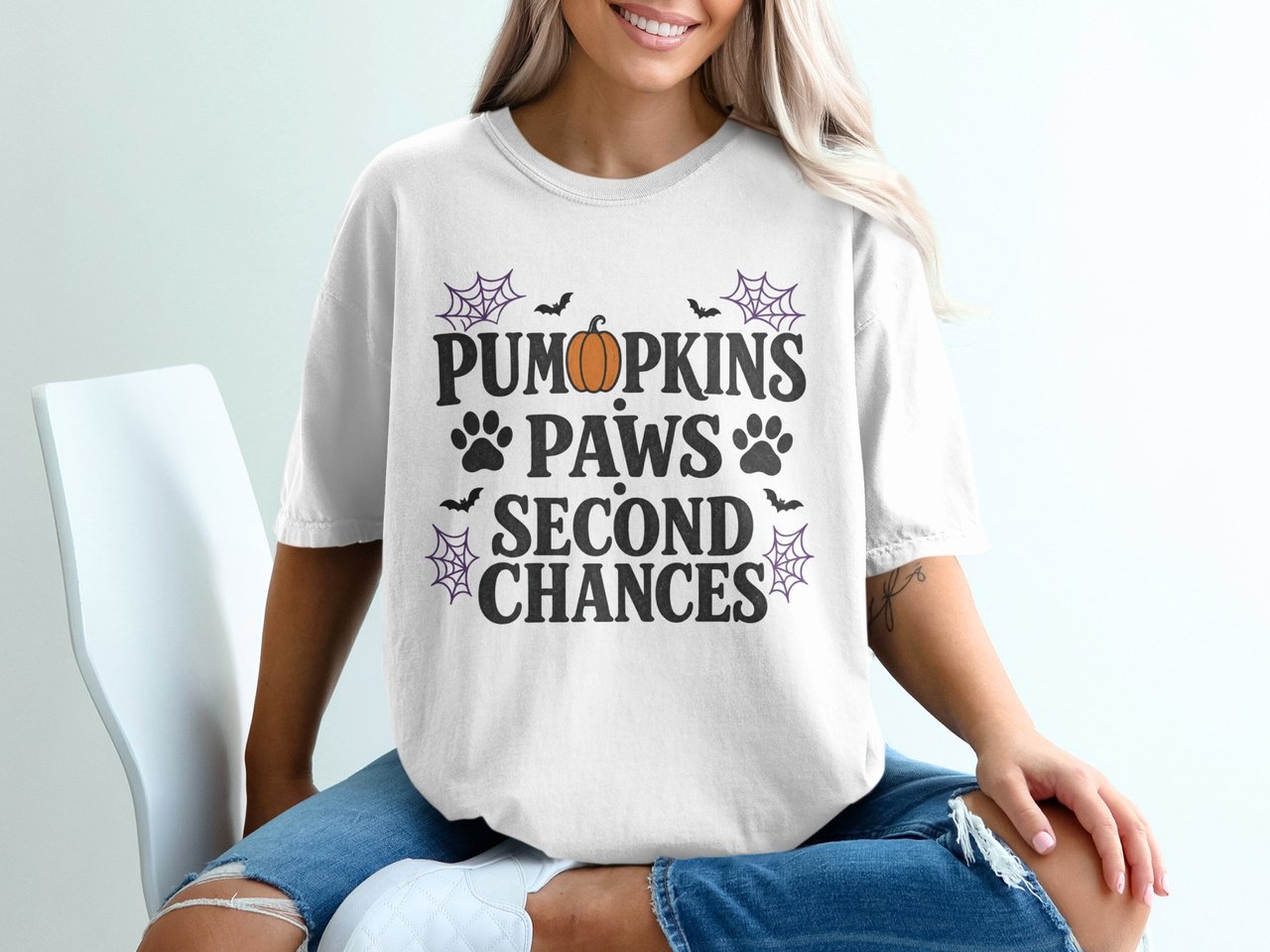 Pumpkins Paws Second Chances T-Shirt, Halloween Dog Adoption Tee, Rescue Pet Lover Shirt, Spooky Animal Mom Gift