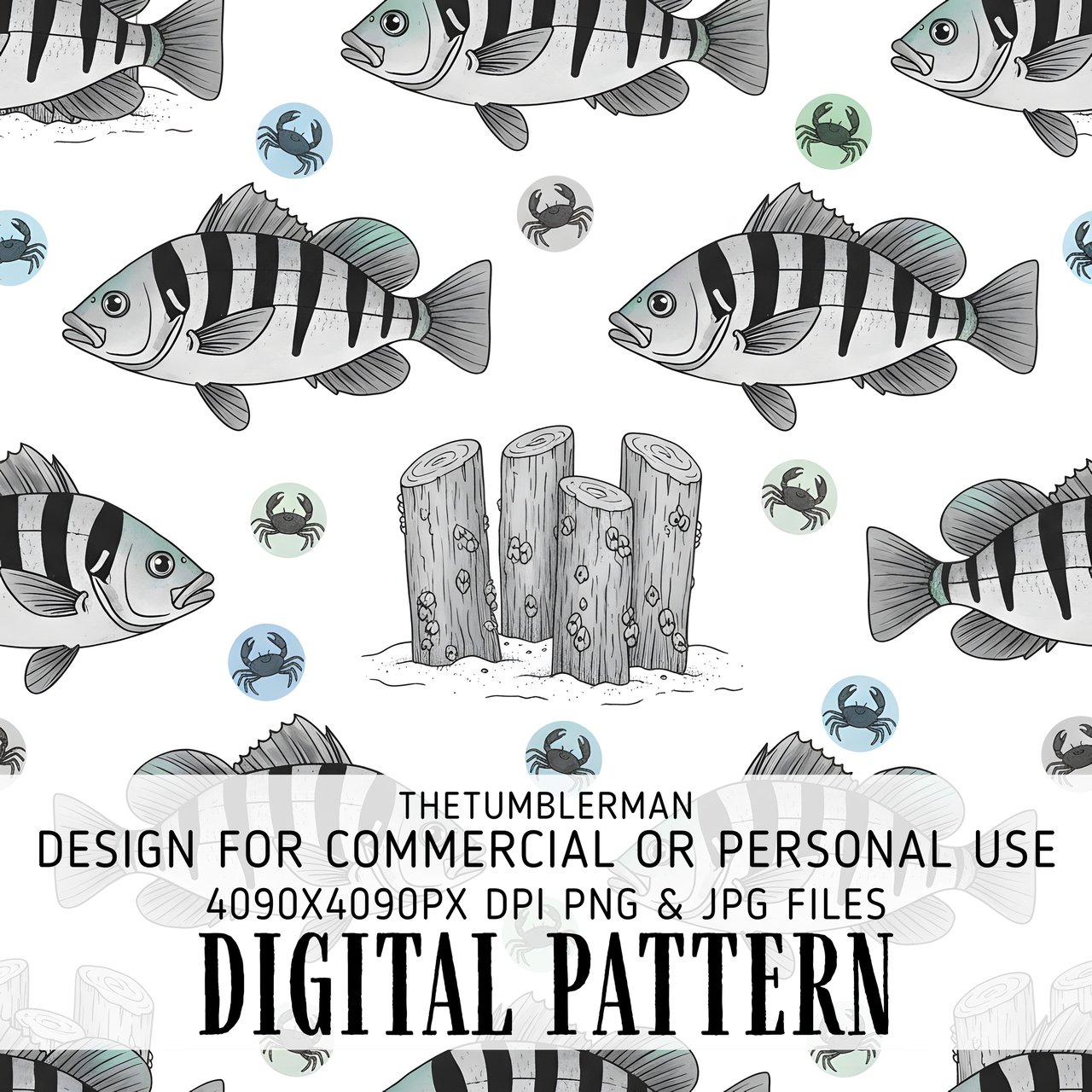 Digital Pattern Bundle, Fish and Crabs, Nautical Seamless Pattern, Fishing Vector, Printable Fabric, Digital Paper for Commercial Use