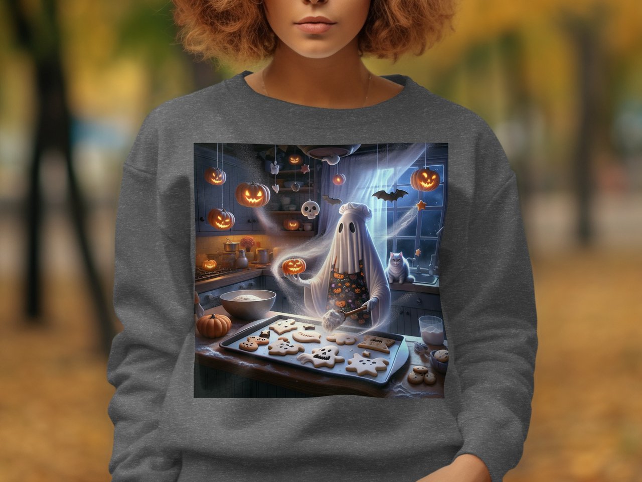 Halloween Ghost Baker T-Shirts, Funny Spooky Tee, Baking Cookies Shirt, Halloween Kitchen Scene T Shirt, Cute Halloween Costume Shirts