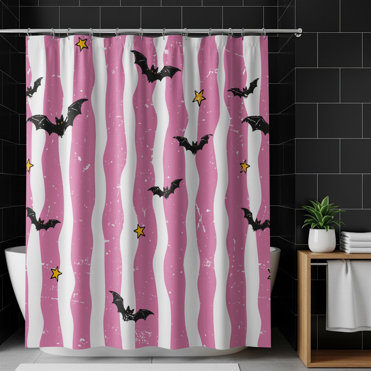 Pastel Goth Shower Curtain, Pink Bat Bath Mat, Cute Spooky Halloween Bathroom Decor, Creepy Kawaii Wavy Stripe Bath Set, Whimsigoth Gift