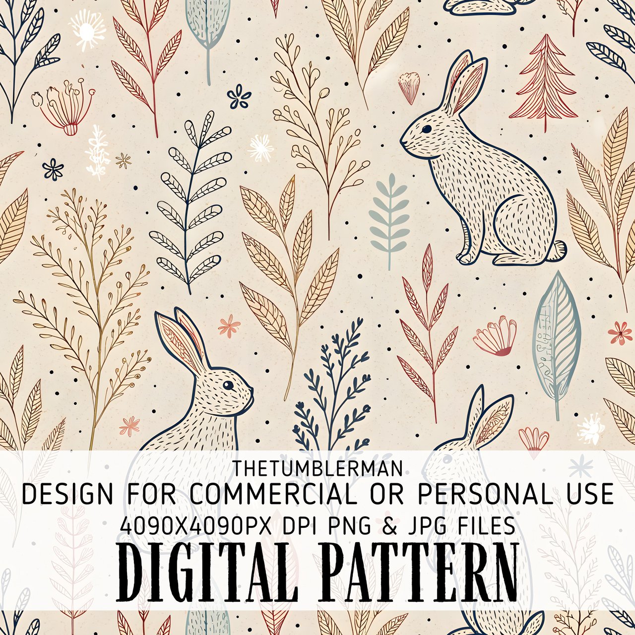 Rabbit Digital Pattern, Floral Bunny, Cute Hare, Forest Animal, Beige Background, Bohemian Style, Digital Paper, Scrapbooking, Digital