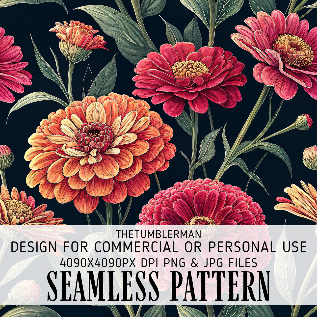 Zinnia Flowers Tumbler Design, Watercolor Floral Digital Paper, Colorful Flower Backgrounds for Junk Journal, Scrapbooking Paper, Tumbler