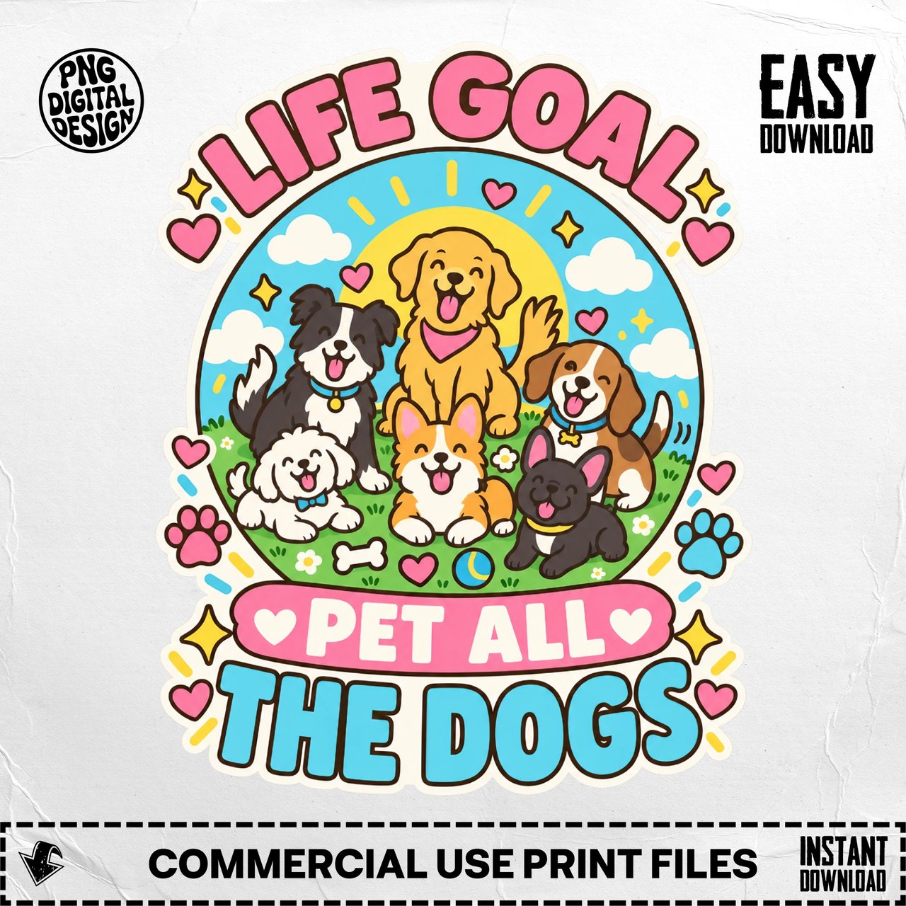 Life Goal Pet All The Dogs T-Shirt Cartoon Puppies Corgi Golden Retriever Graphic Print