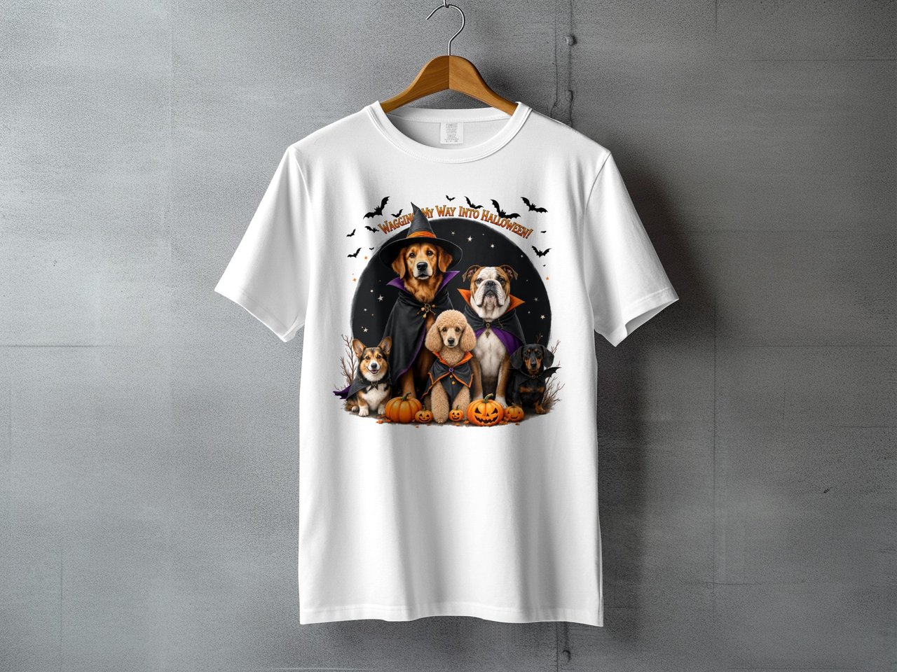 Wagging My Way Into Halloween Dogs T-Shirt | Spooky Cute Dog Mom Gift | Pet Lover Fall Tee Golden Retriever Corgi Bulldog Dachshund Poodle