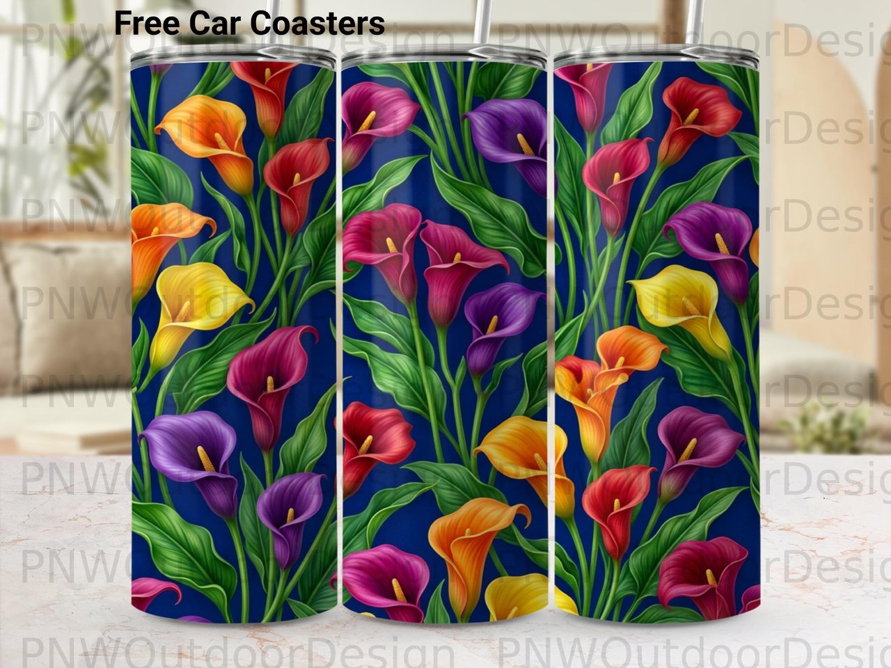 Vibrant Calla Lily Tumbler Wrap Digital Design | Seamless Sublimation PNG for 20oz Skinny Tapered Tumbler | Floral Crafter Gift
