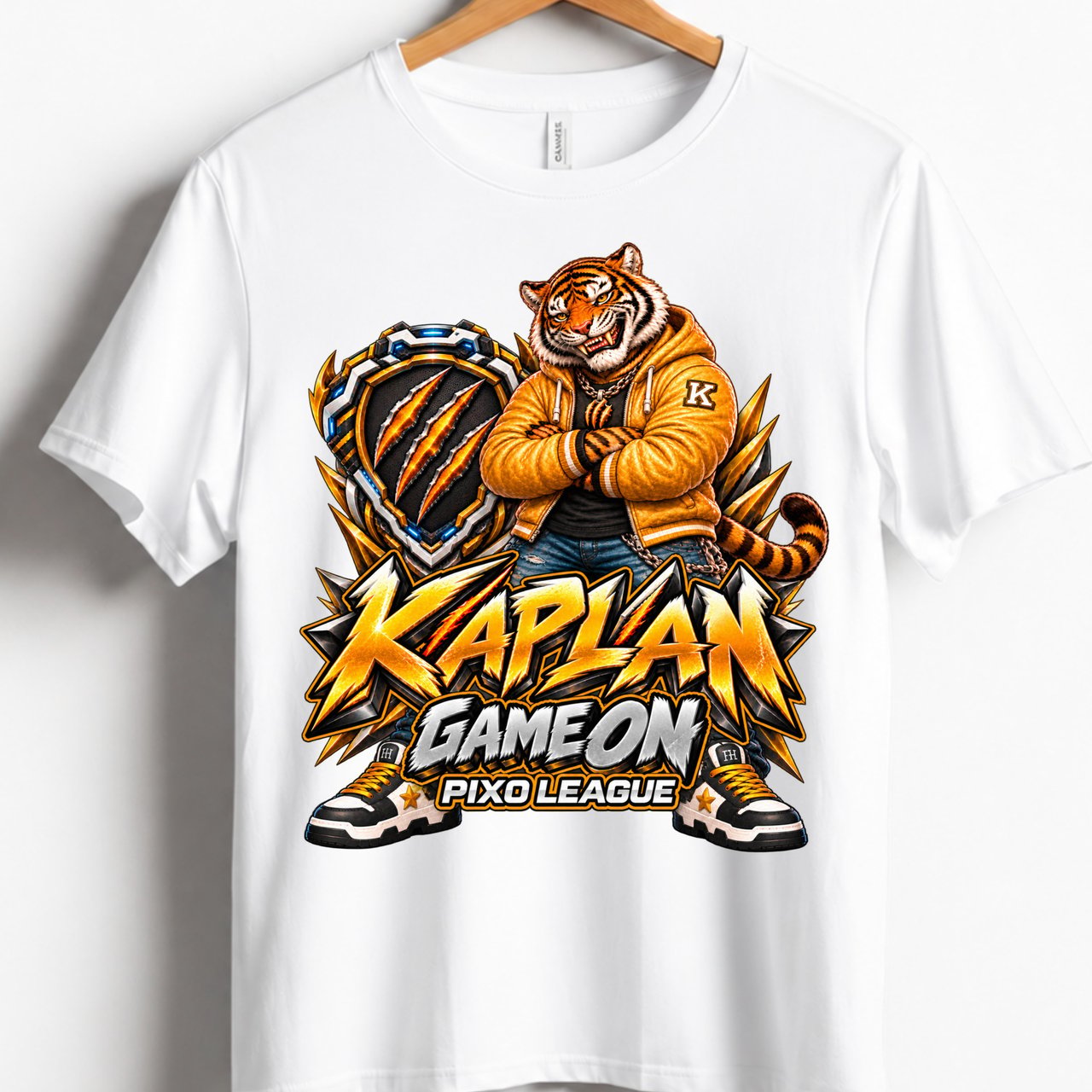 Kaplan Tiger Game On Youth Gaming T-Shirt, Boys Girls Gamer Tee, Orange Tiger Graphic Shirt, Pixo League