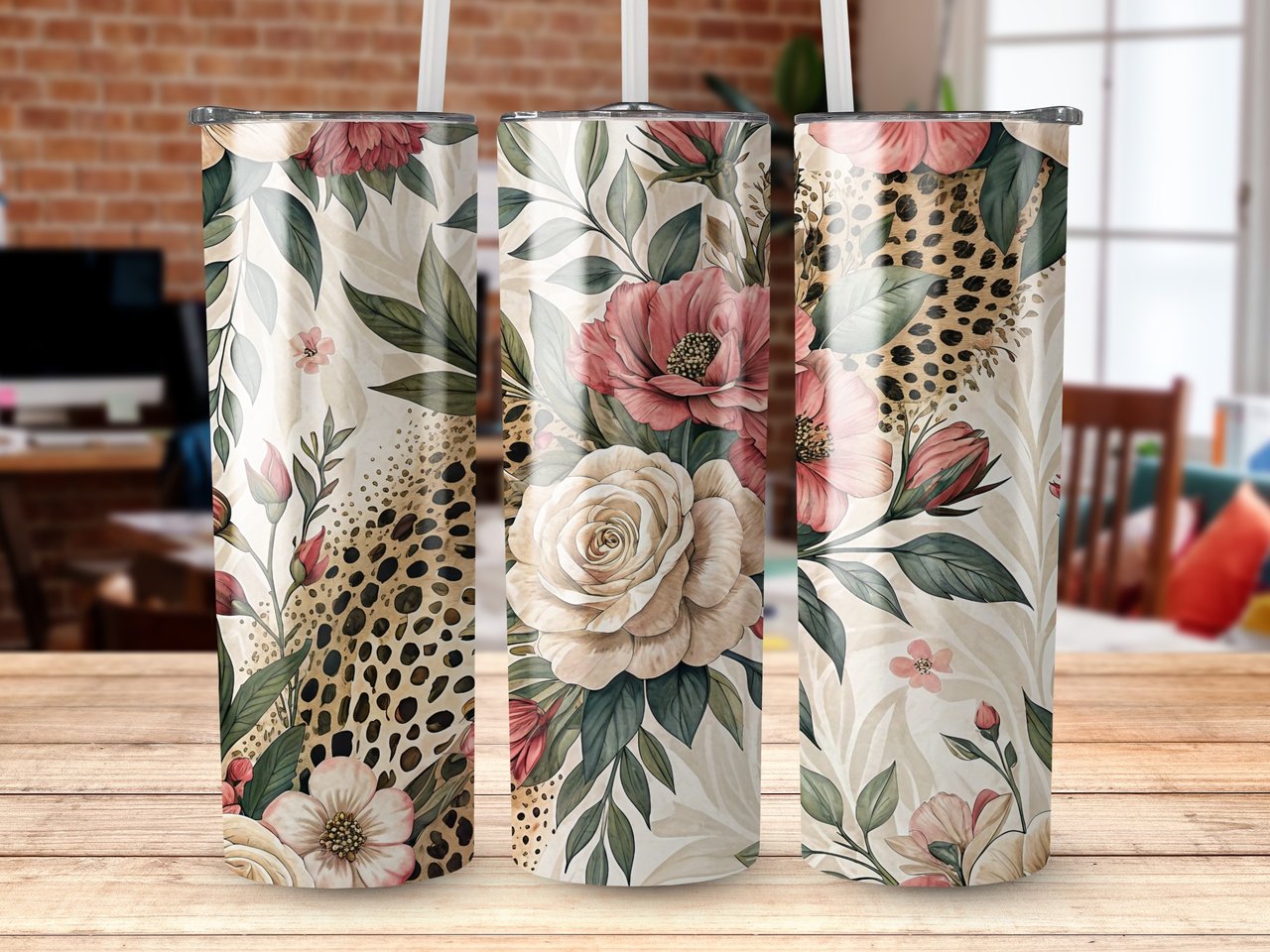 Floral Cheetah 20oz Tumbler Wrap PNG, Pink Rose Tumbler Design, Animal Print Tumbler, Digital Download for Sublimation