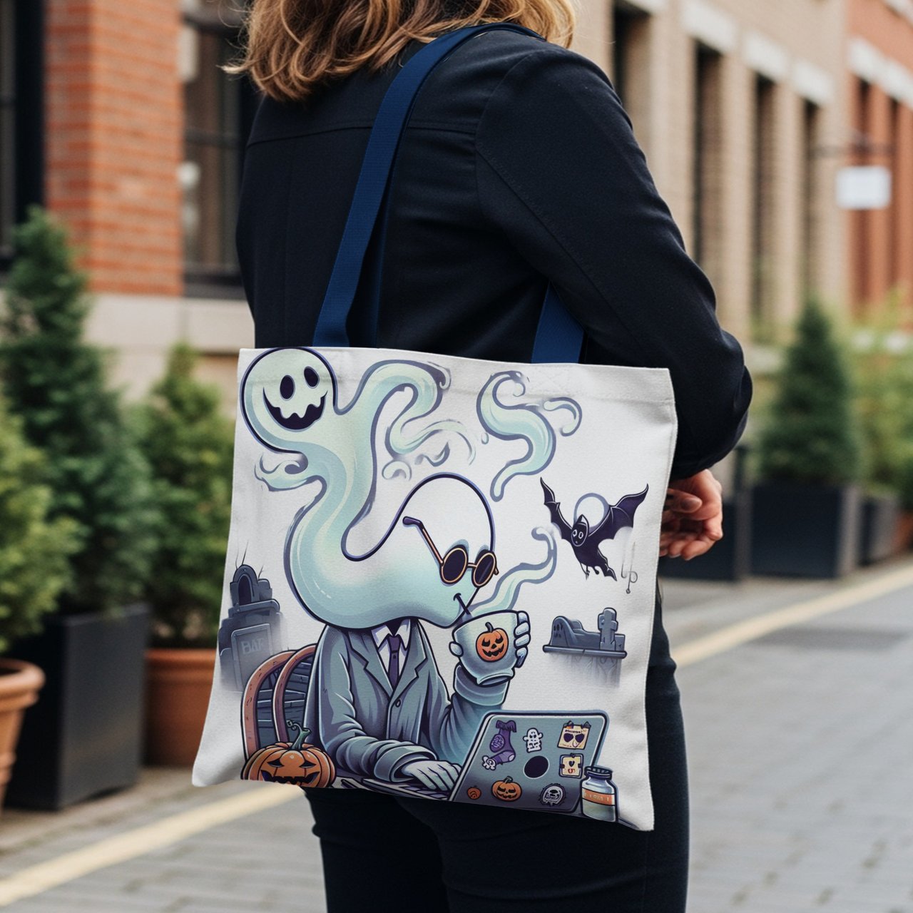 Halloween Tote Bag, Ghost at Work, Spooky Season, Computer, Bat, Gravestones, Pumpkin, Gift for Halloween, Halloween Party, Unique Tote Bag