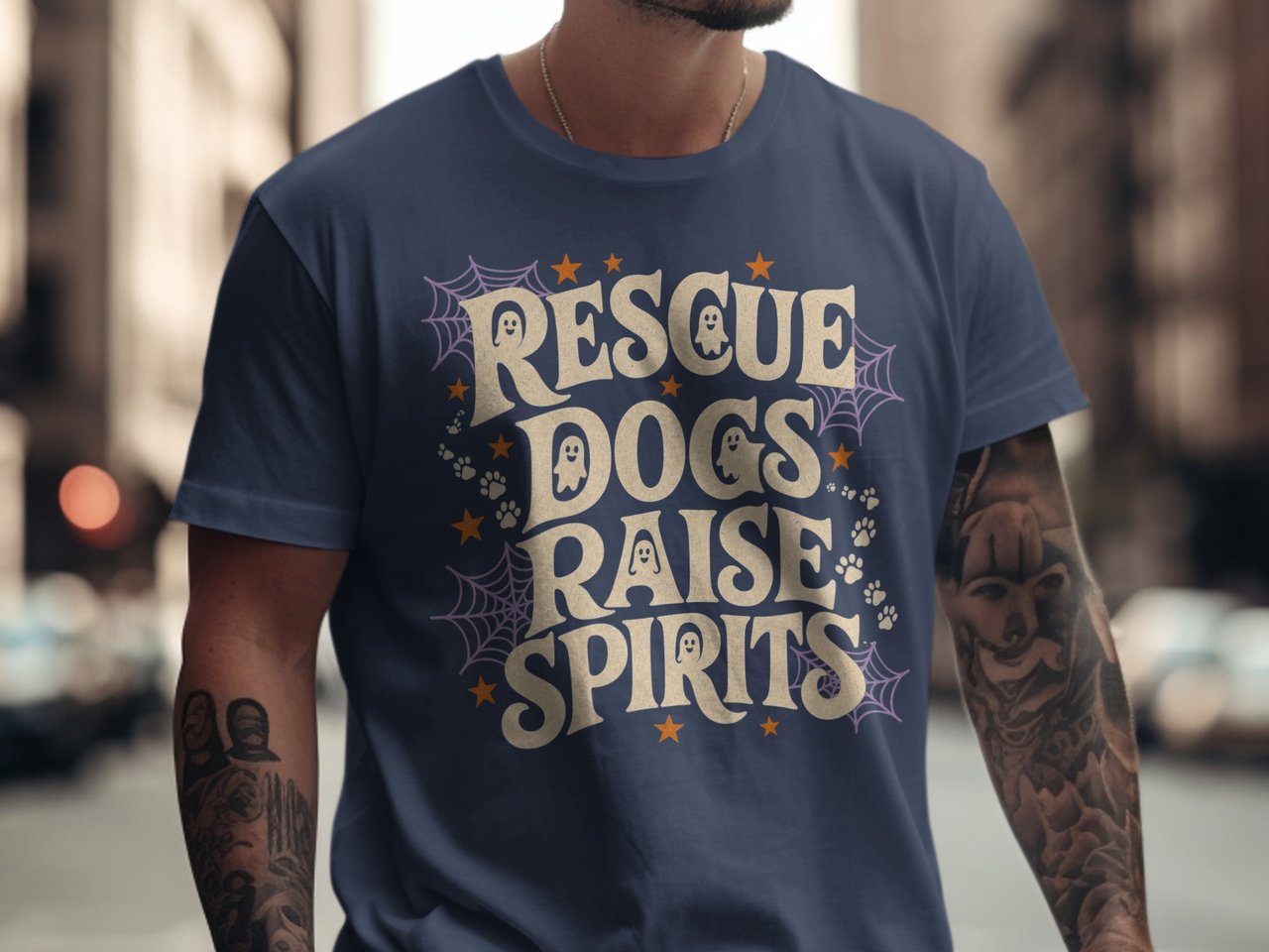 Funny Dog Halloween T-Shirt, Rescue Dogs Raise Spirits Tee, Spooky Pet Lover Shirt, Cute Ghost & Spiderweb Gift